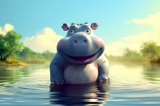 adorable cartoon hippo. Generative AI