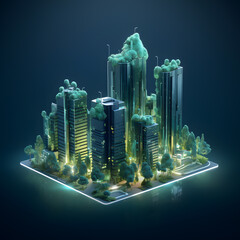 isometric futuristic city with skyscrapers and green trees