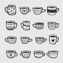 Obraz premium Set of hand drawn cups of tea and coffee