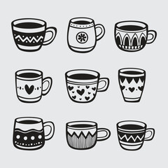 Set of hand drawn cups of tea and coffee