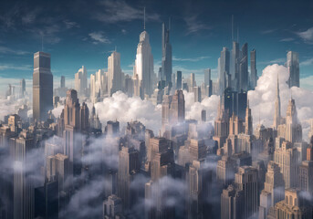 Fototapeta na wymiar Futuristic cityscape with skyscrapers and blue cloudy sky