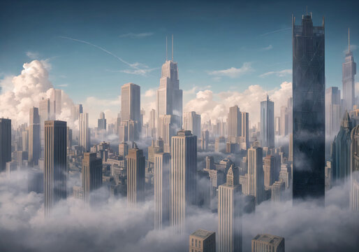 Futuristic cityscape with skyscrapers and blue cloudy sky
