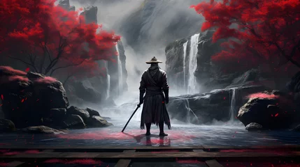 Rucksack Samurai in black cloak and hat standing in front of a waterfall © Andsx