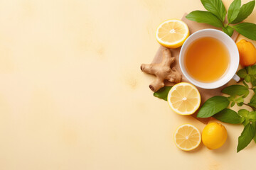 Obraz na płótnie Canvas Cup of ginger tea with lemon, honey and mint with copy space