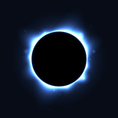 Sun full eclipse concept. Light blue moon glow background. Solar or planet total eclipse in dark space. Hot star surface flare with rays and beams effects. Vector illustration