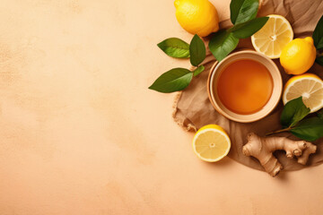 Obraz na płótnie Canvas Cup of ginger tea with lemon, honey and mint with copy space