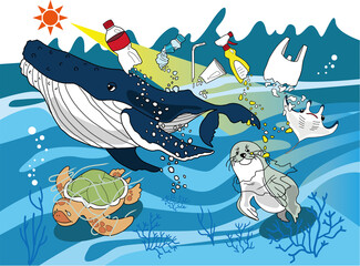 プラスチックごみによる海洋汚染で苦しむ海の生き物のイラスト - obrazy, fototapety, plakaty