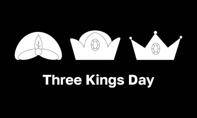 Three Kings Day. White logo, icon on black background. Vector template Illustration