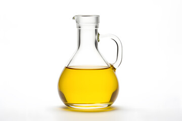Olive oil in a glass decanter on a white background