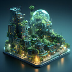 isometric futuristic city with green trees and skyscrapers