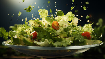 Fresh Vegetable Salad Splattering Moment, Crisp Lettuce and Tomatoes, Healthy Lunch Selection, Clear Glass Bowl, Generous AI