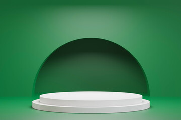 white empty podiums on green background with cylinder stand concept. Blank product shelf standing backdrop. 3D rendering.
