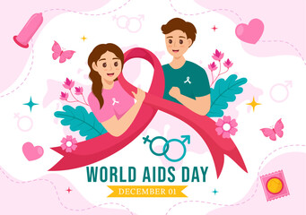 World Aids Day Vector Illustration on 1 december with Red Ribbon to raise awareness of the AIDS epidemic in Flat Cartoon Pink Background Design
