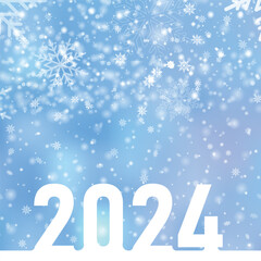 2024 Happy New Year card with falling snowflakes. Vector