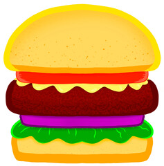 Hamburger o hamburguesa deliciosa, dibujada en formato sticker (sin fondo). Decorar restaurante, comida, negocio, etc. Hecho por artista Diego Ferro - obrazy, fototapety, plakaty