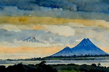 Fototapeta na wymiar A watercolour painting of Mount Taranaki New Plymouth landscape New Zealand in the style of Joseph Zbukvic 