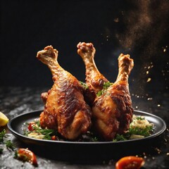 Fried chicken drumsticks float in the air and spices entice your taste buds, AI generated