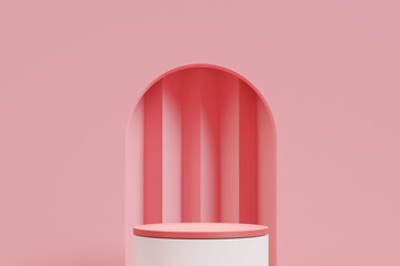 empty podiums on pink studio with cylinder stand concept. Blank product shelf standing backdrop. 3D rendering.