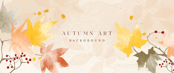 Autumn foliage in watercolor vector background. Abstract wallpaper design with maple and oak leaf, flower, line art. Elegant botanical in fall season illustration suitable for fabric, prints, cover.