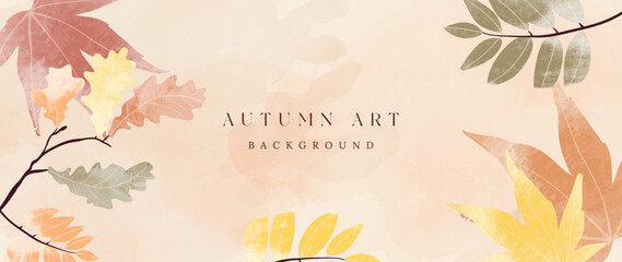 Autumn foliage in watercolor vector background. Abstract wallpaper design with maple leaves, oak leaf line art. Elegant botanical in fall season illustration suitable for fabric, prints, cover.