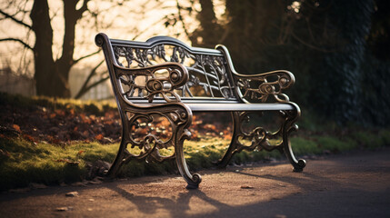 vintage metal bench on the roadside, ornate, historical, Ai Generate 