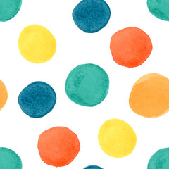 Bright Colorful Watercolor Polka Dot Repeat Seamless Pattern Yellow, Green, Blue, Orange, Red