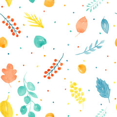 Watercolor Autumn Leaf  Pattern with Dots orange, red, yellow, blue, teal Repeat Seamless Pattern