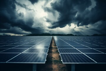 Renewable energy captured by solar panels under cloudy weather. Generative AI - obrazy, fototapety, plakaty