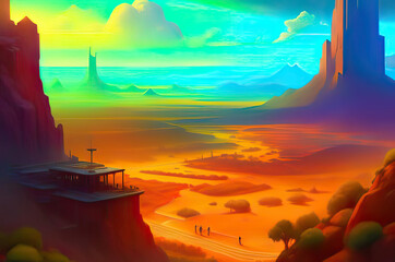 Fantastic cartoon landscape, in the style of old RPG games. Mountains, hills and rivers.