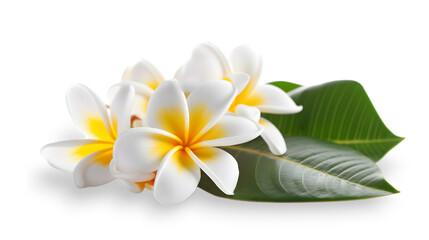 beautiful white with yellow core plumeria rubra flowers isolated on transparent background.