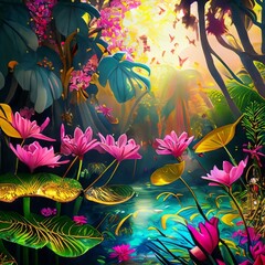 Colorful tropical paradise jungle with golden lily pads and pink flowers and fireflies. Generative AI.