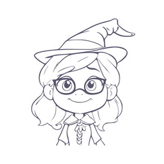 Happy young cute witch girl wearing eyeglasses. Sketchbook cartoon style. Long curly hair and big anime style eyes. Halloween relative smiling character