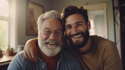 Adult hipster son fun hugging old senior father at home,2 man happy enjoy to living at home in father's day with love of family, two generations have a beard talking together and relaxing with smile