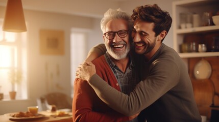 Adult hipster son fun hugging old senior father at home,2 man happy enjoy to living at home in father's day with love of family, two generations have a beard talking together and relaxing with smile - obrazy, fototapety, plakaty