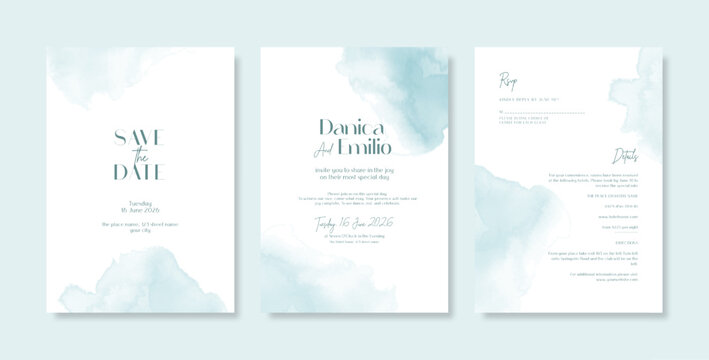 Minimalist wedding invitation with blue watercolor background texture. Beautiful and elegant wedding invitation with watercolor flower. Simple and elegant wedding card template