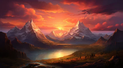 Foto op Plexiglas beautiful mountain view with sunset landscape scene © piggu