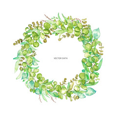 水彩画。水彩タッチのユーカリのリース。ベクターイラスト。Watercolor. Eucalyptus wreath with watercolor touch. Vector illustration.