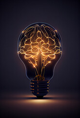 Light bulb with human brain inside on dark background