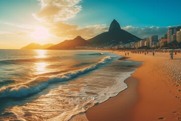 Stunning beach in Rio de Janeiro with colorful sunrise, pristine sands, and crystal-clear water. Generative AI