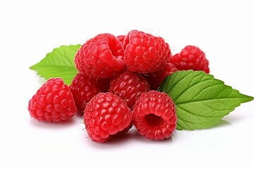 Red raspberries with green leaf isolated on white background. Full depth of field. Generative AI