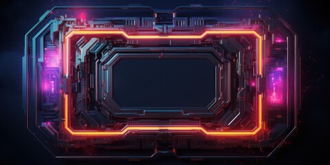 Technology neon frame in computer chip style. AI Generation  