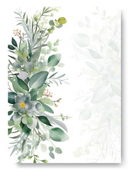 Minimalist wedding card template with green leave, white jasmine watercolor. Rustic theme wedding card invitation.