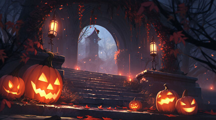 Scary Halloween background, western traditional festival jack-o'-lantern party illustration