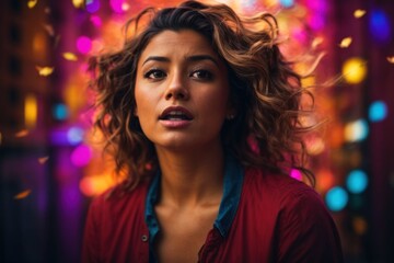 Fototapeta premium portrait of a young woman showing a shocked expression in a colorful room,AI generated