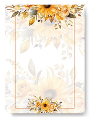 Wedding card template with floral feather yellow sunflower concept watercolor style