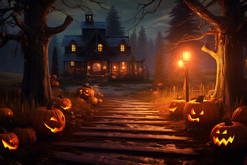 Halloween background with dried pumpkins and tree branches.