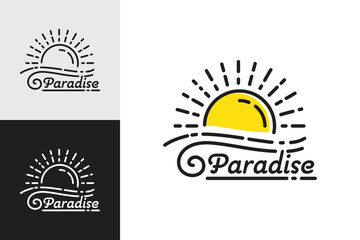 Line art of paradise logo at sunset with tidal ocean waves