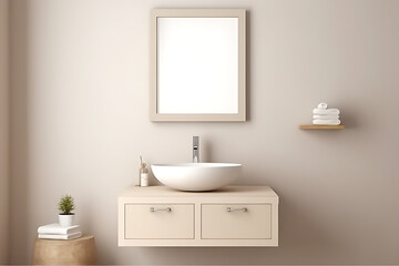 Fototapeta na wymiar White bathroom sink and square mirror hanging on a beige wall. A short distance. Front look. 3d rendering