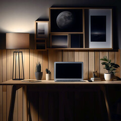 Wooden table with laptop and lamp beside wall, amazing night view