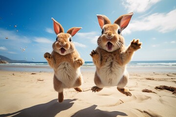 Funny bunnies jumping and dancing on a sandy beach with a blue sky. Generative AI
